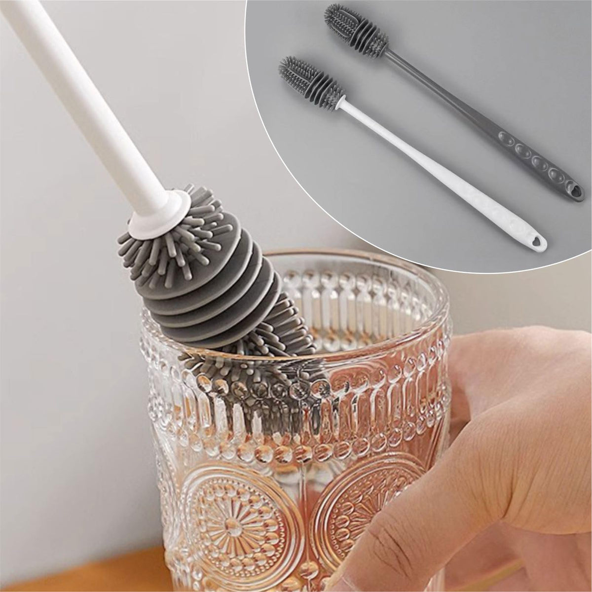 QEEGO silicone bottle brush with long handle for narrow-neck cleaning