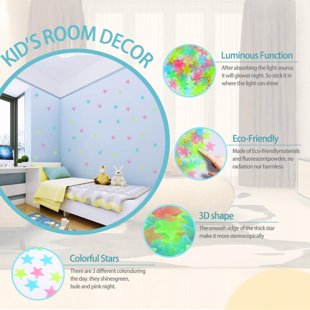 QEOCP Glow in the Dark Stars 3D stars pack shows colorful glow for imaginative play