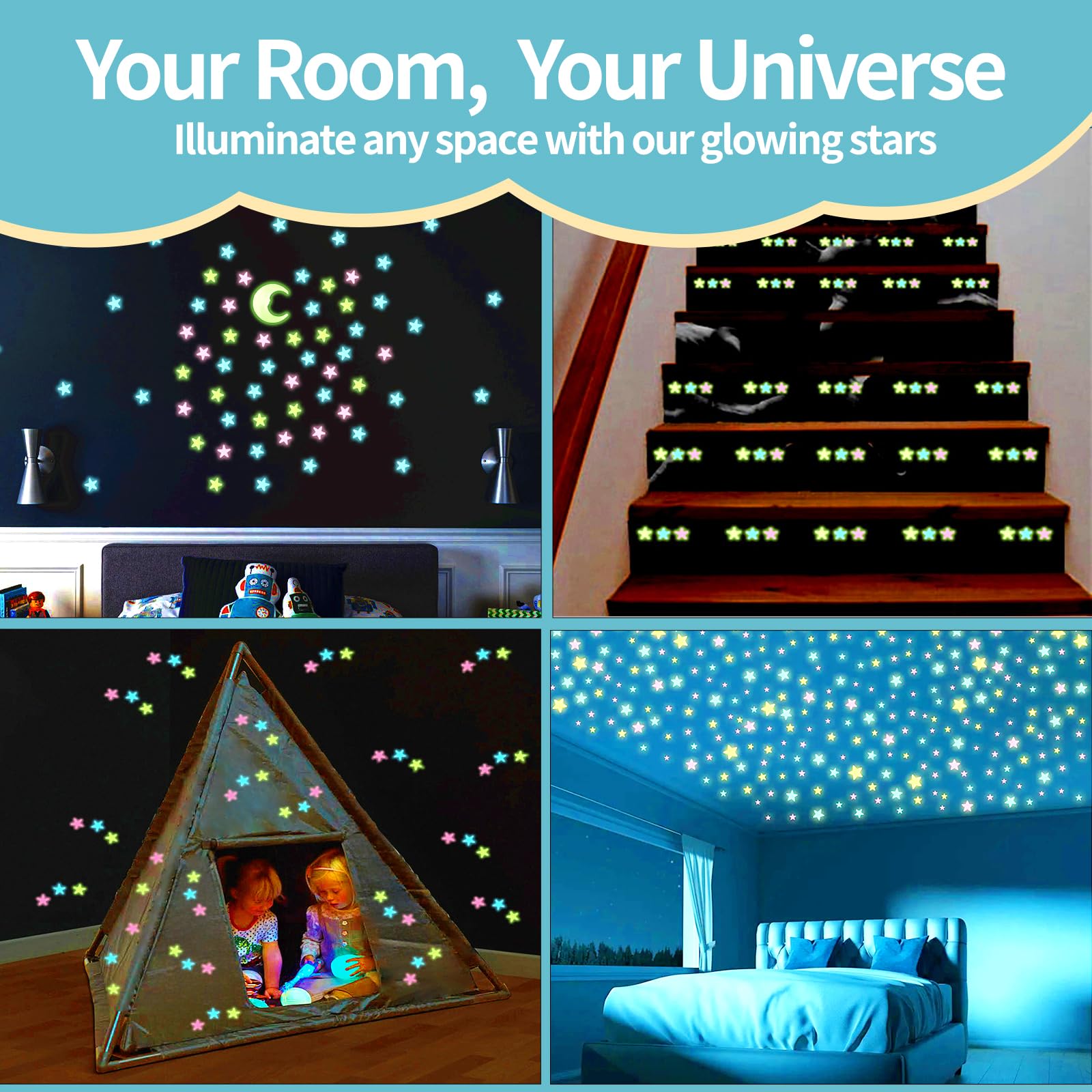 QEOCP Glow in the Dark Stars colored glow enhances a cozy bedroom ambiance