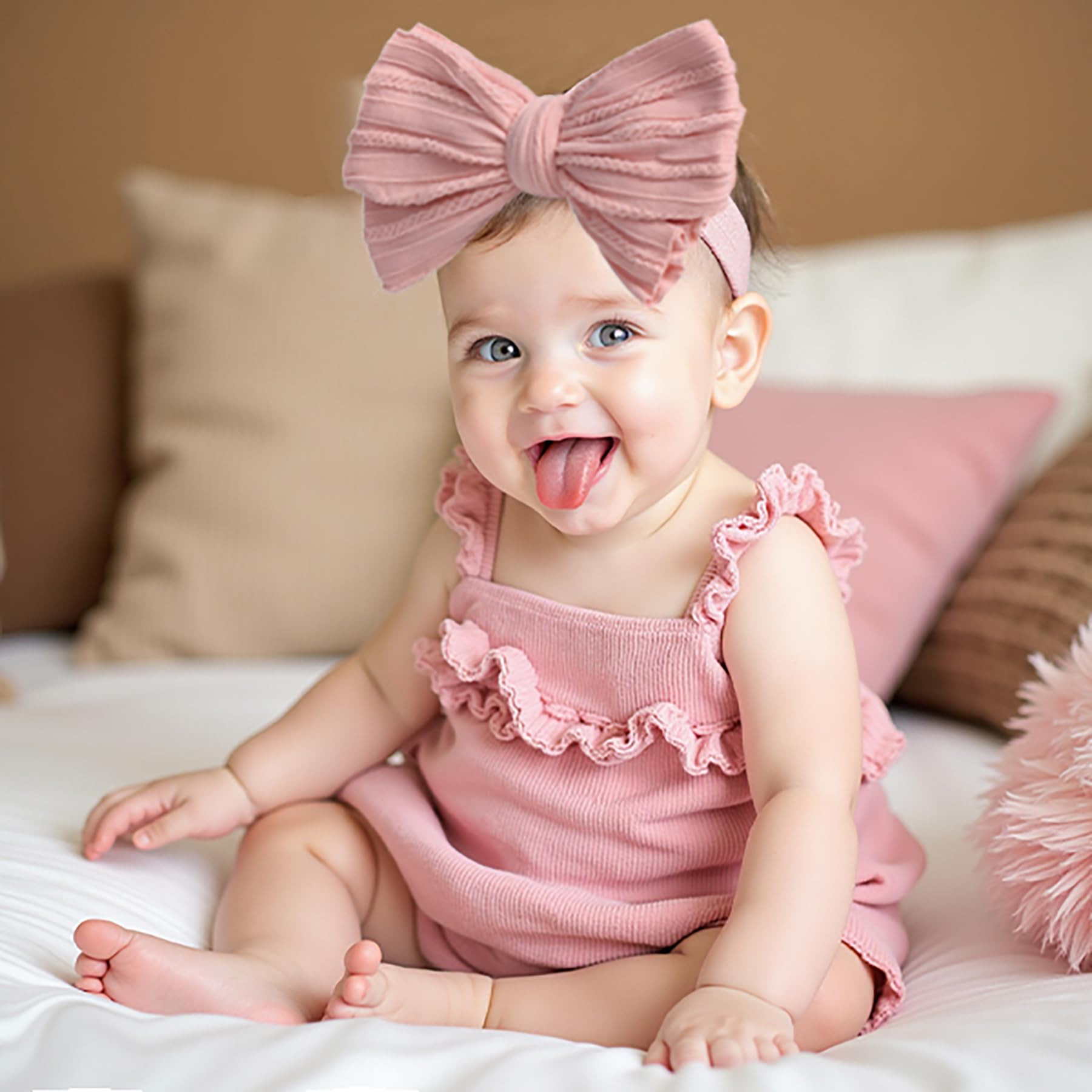 QFV baby girl bows stretchy headband closeup showing comfortable fit.