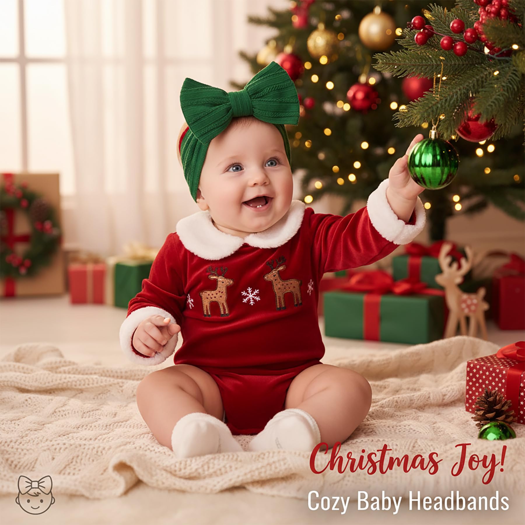 QFV Christmas baby bows stretchy band demonstrates one-size fit for growing infants and toddlers