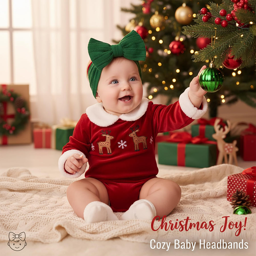 QFV Christmas baby bows stretchy band demonstrates one-size fit for growing infants and toddlers