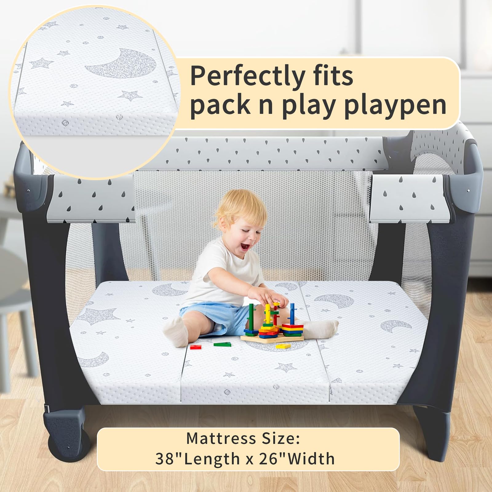 QHUCBAEG Pack N Play Mattress dual-sided design for growing babies and toddlers.