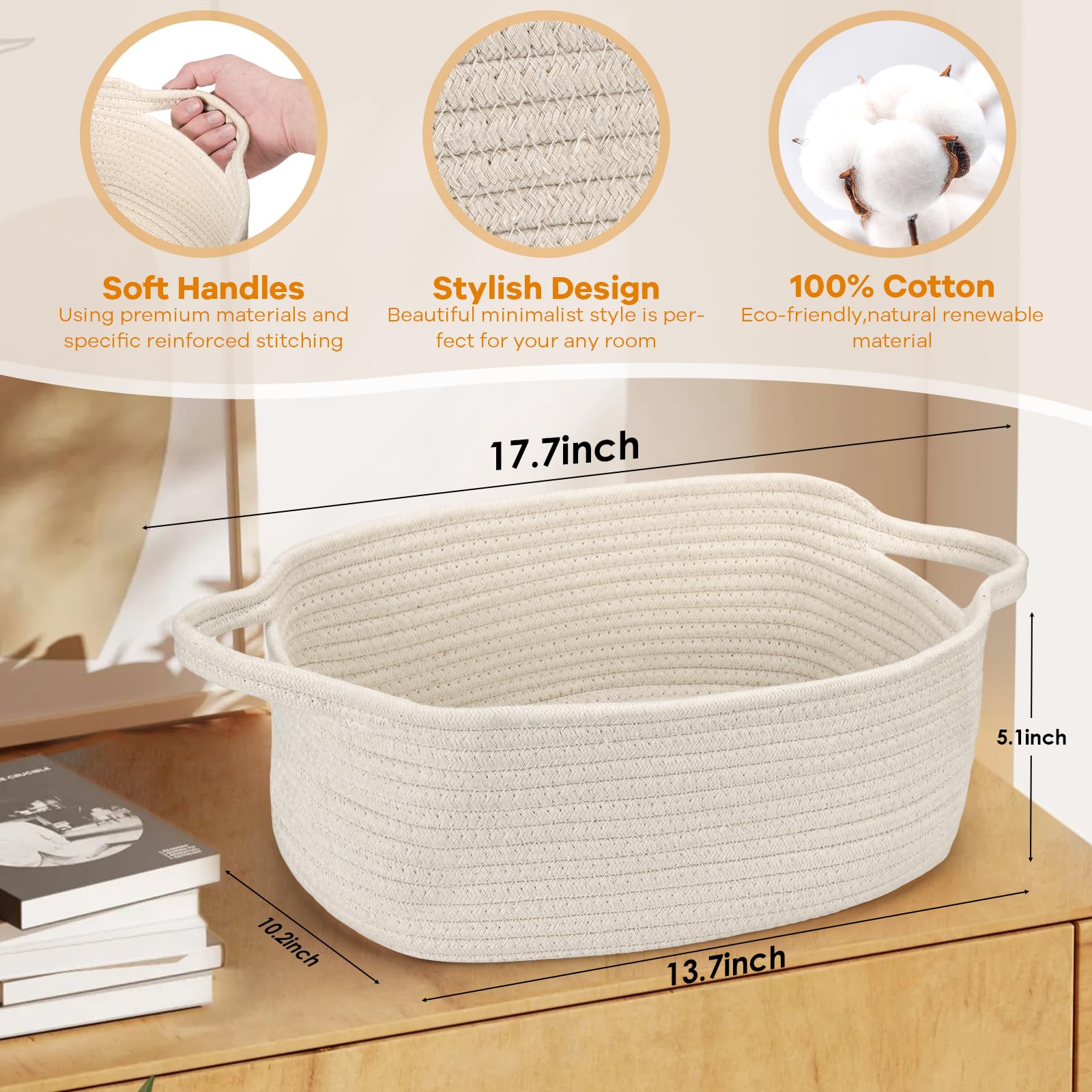 QiANBiRD grey rope basket shows portable storage for toys and books.