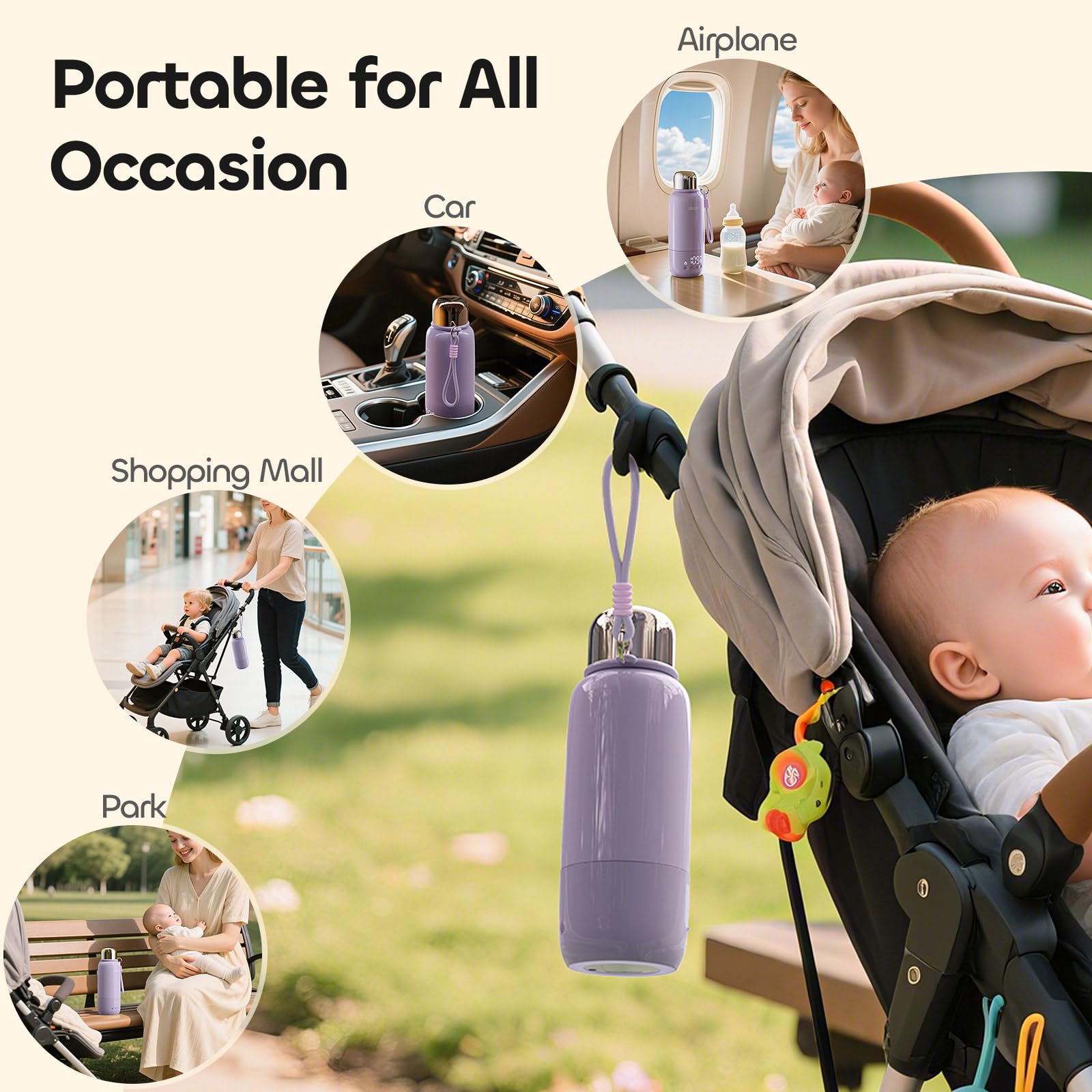QIBOX bottle warmer in car travel scene emphasizes on-the-go feeding convenience.