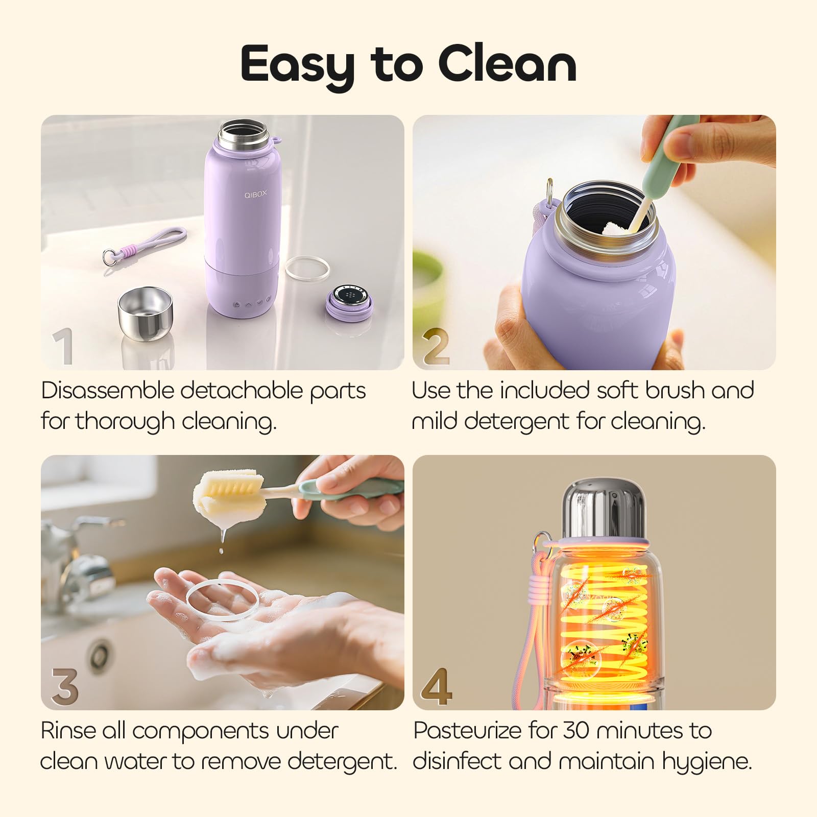 QIBOX bottle warmer cleaning brush included highlights easy post-use cleanliness.