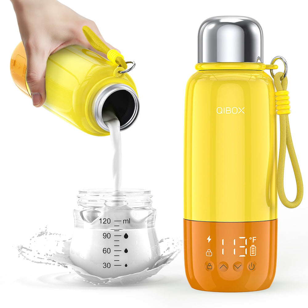 QIBOX portable bottle warmer front view with travel-ready compact design