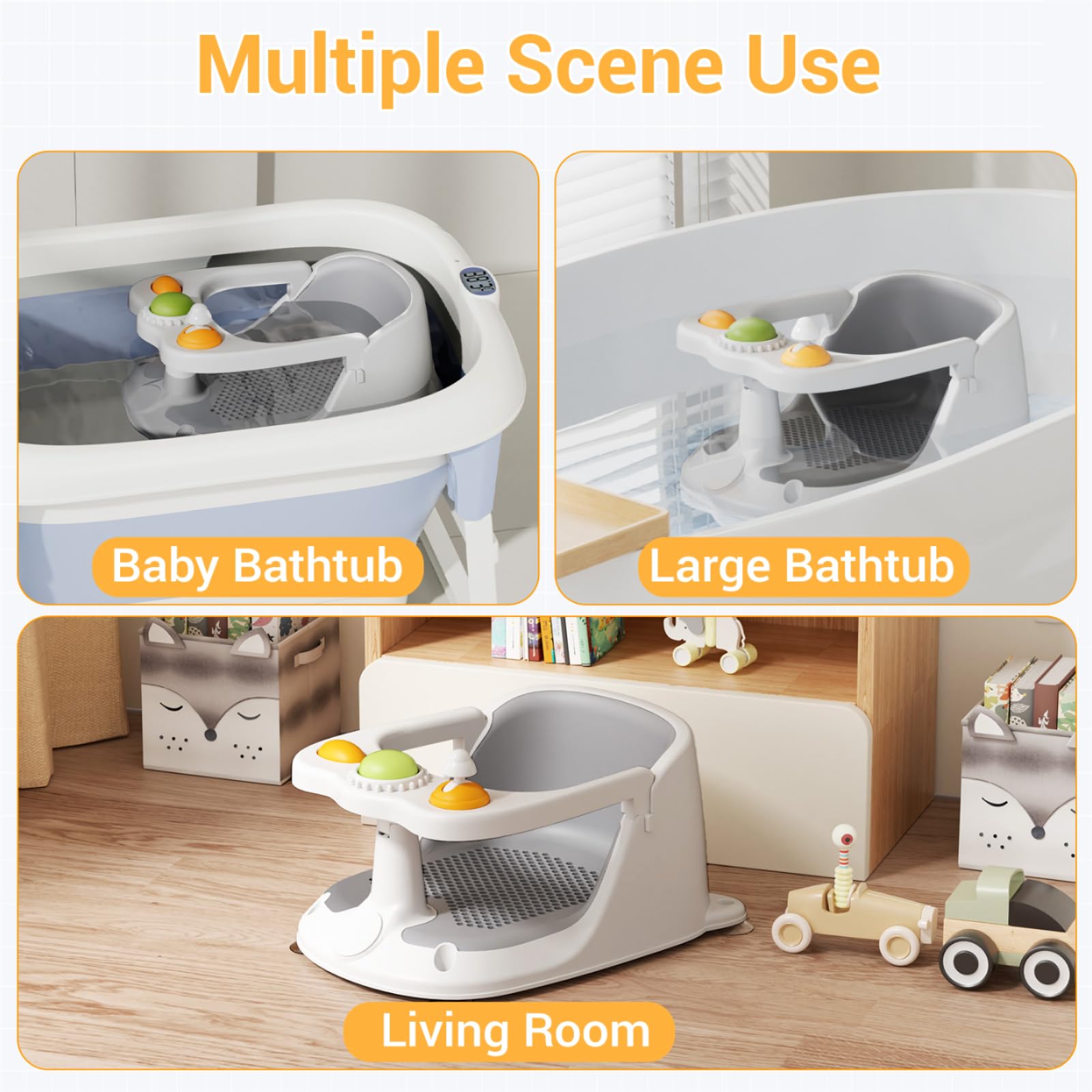 QIFUTT gender-neutral bath seat fits babies 6 months and up.