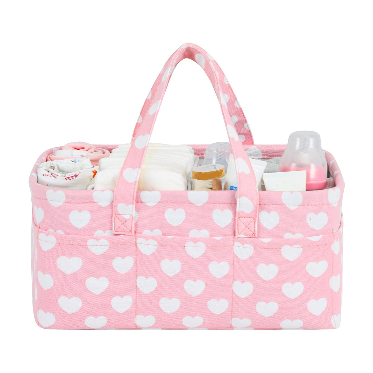 QiANBiRD diaper caddy pink heart front view helps keep diapers and wipes organized.