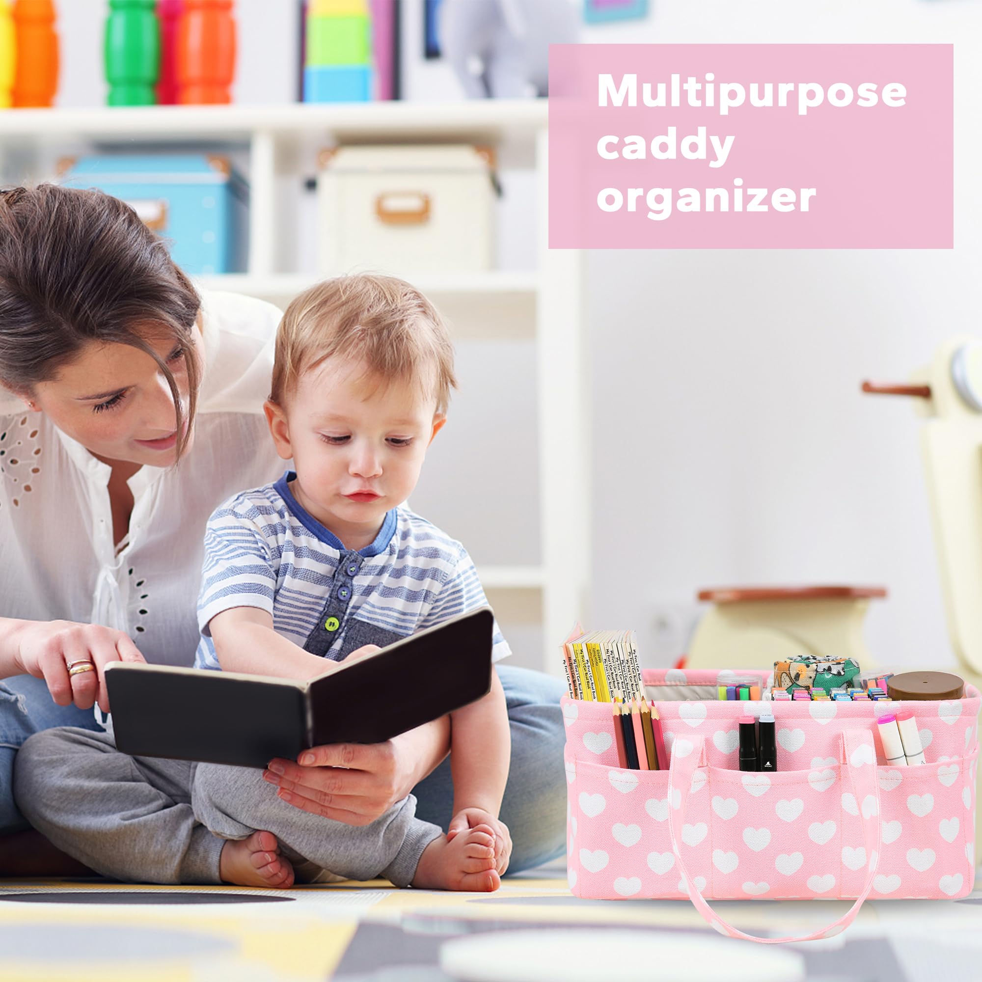 QiANBiRD diaper caddy pink heart on changing table for quick diaper changes.