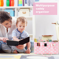 QiANBiRD diaper caddy pink heart on changing table for quick diaper changes.