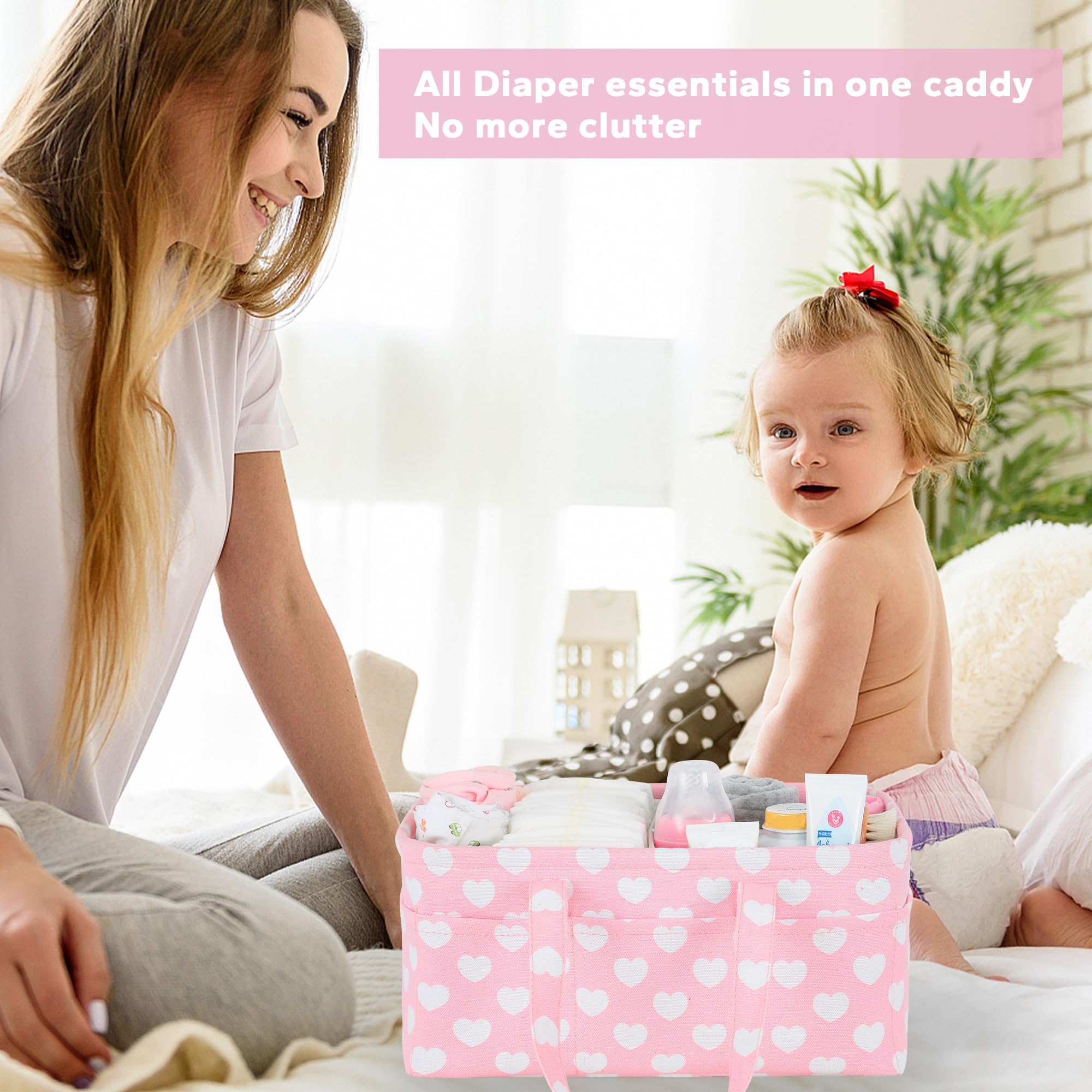 QiANBiRD diaper caddy pink heart open divider shows easy access to essentials.