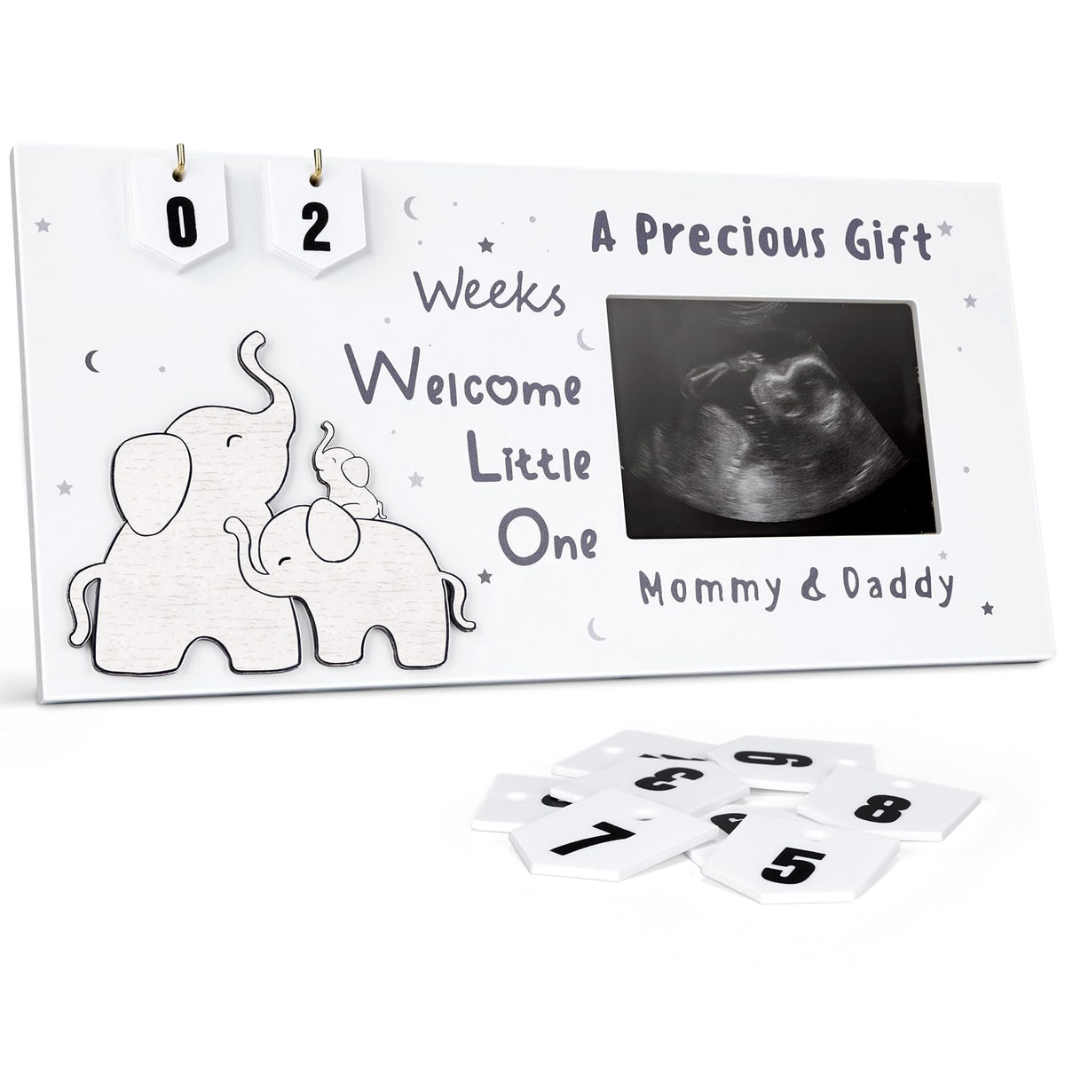 Qilxziy sonogram frame displays ultrasound photo for nursery memories.