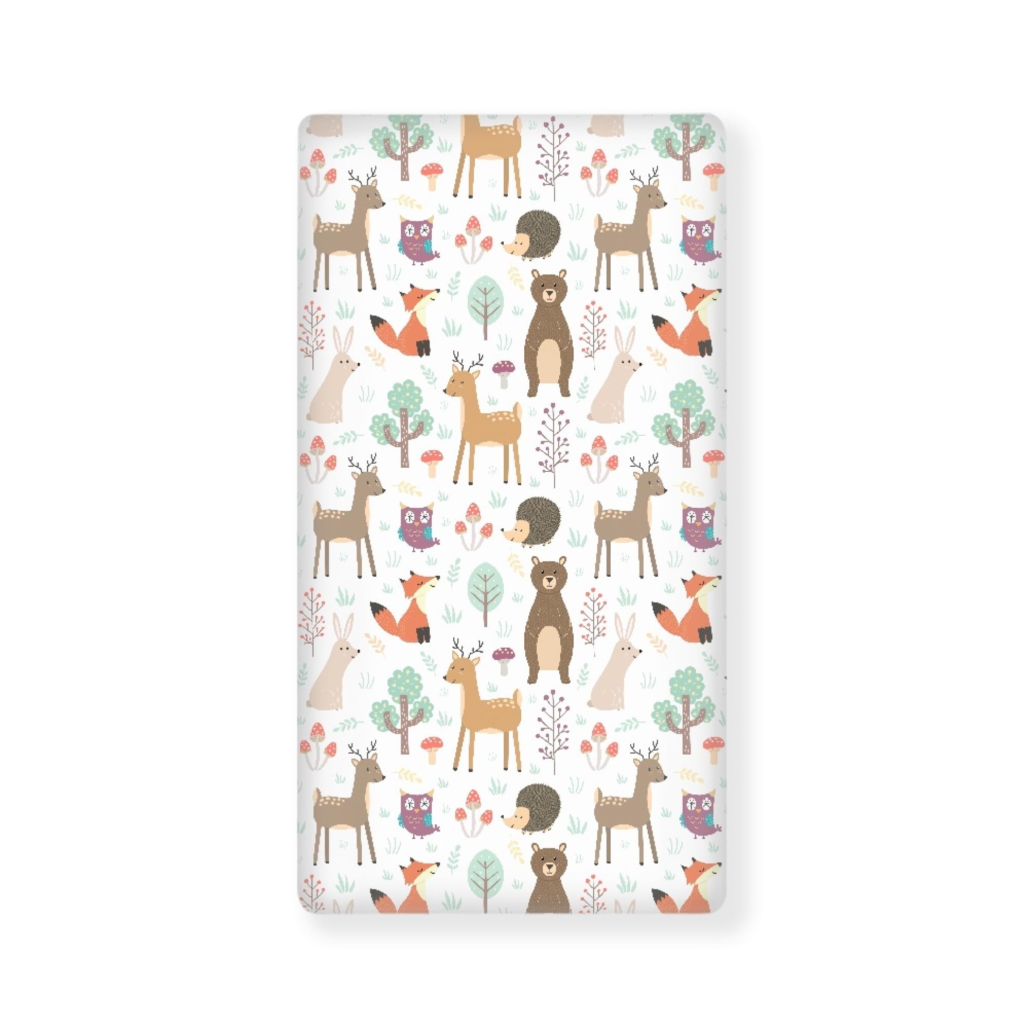 QINBEIDU forest animals crib sheet closeup showing soft, breathable polyester for comfy naps.