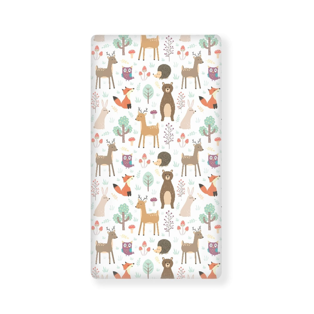 QINBEIDU forest animals crib sheet closeup showing soft, breathable polyester for comfy naps.