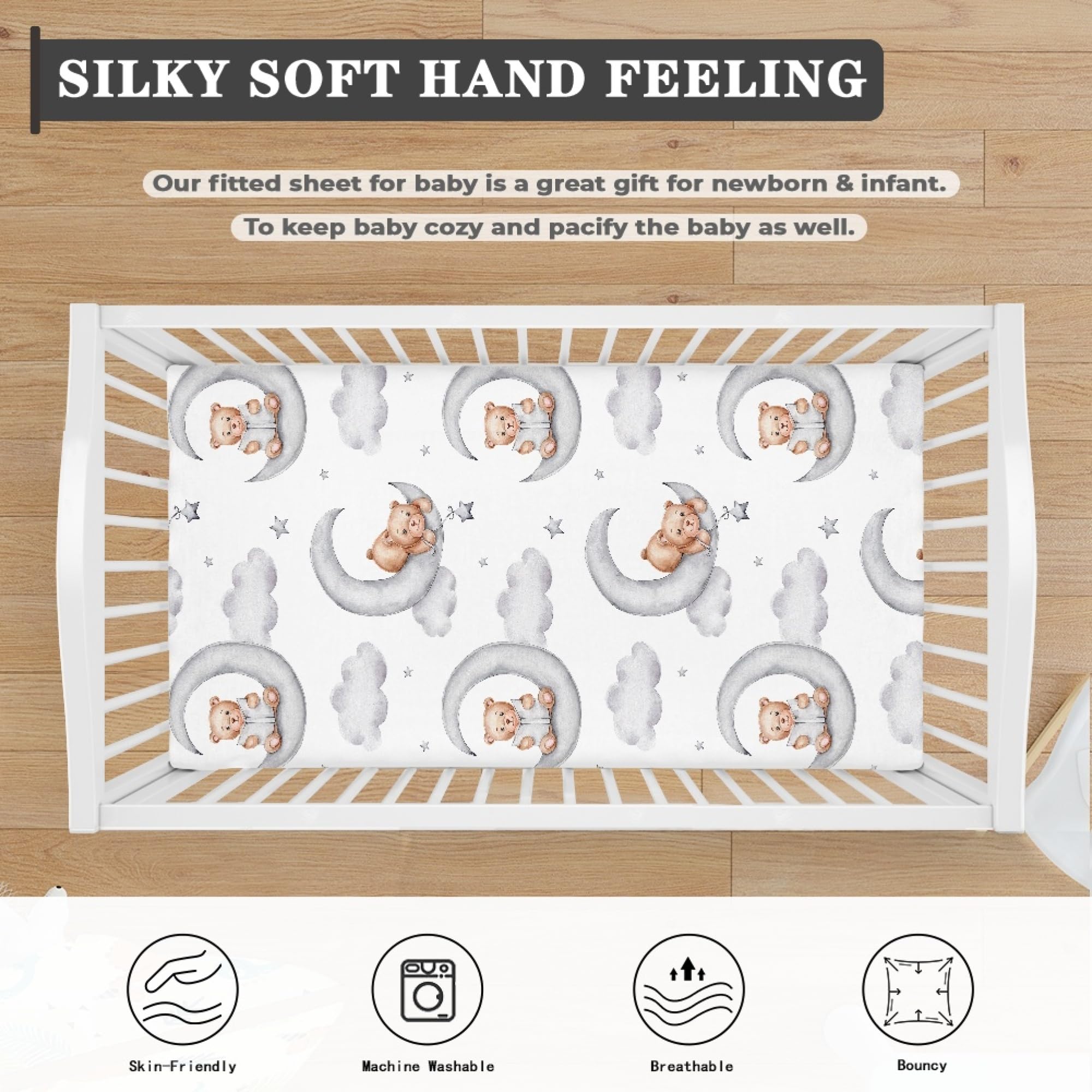 QINBEIDU fully elastic sheet stays in place during wriggles and restless naps.