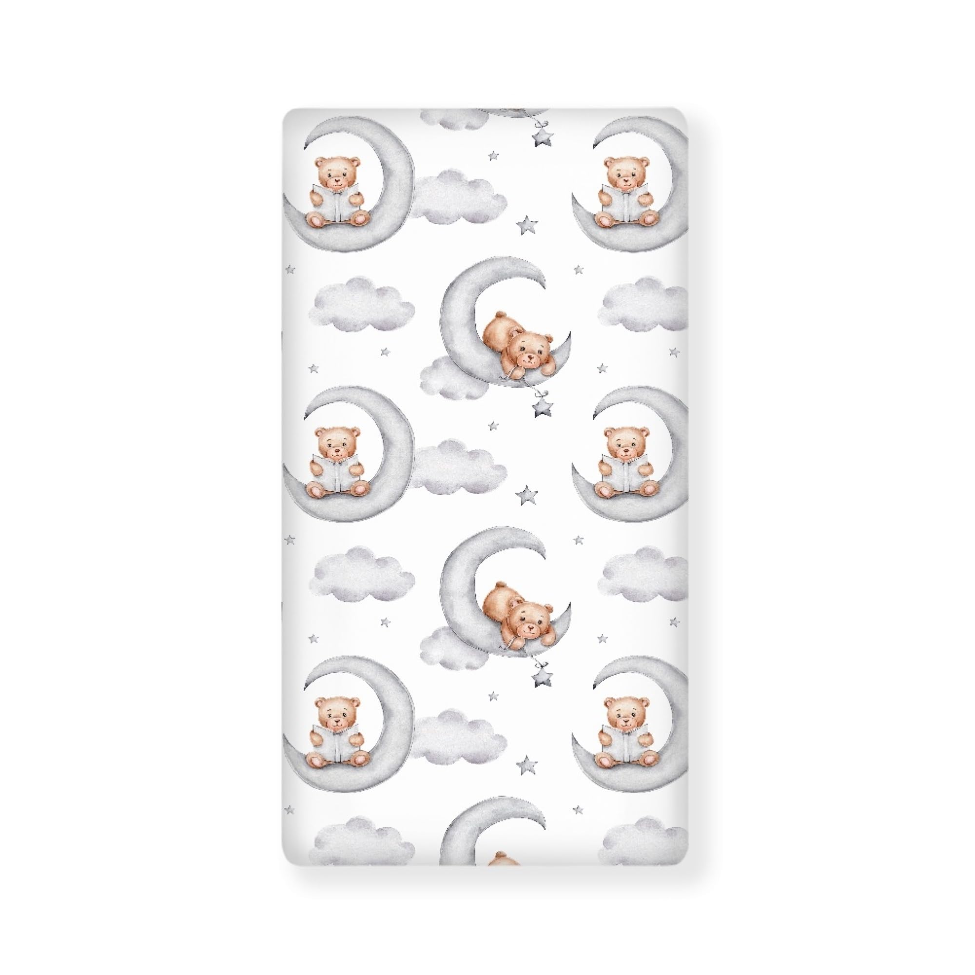 QINBEIDU Teddy Bears watercolor crib sheet with moon and stars offers soft, breathable nap time comfort.