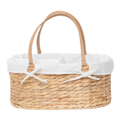 QINGTUHOME handwoven wicker diaper caddy shows rustic craftsmanship for organized nursery storage.