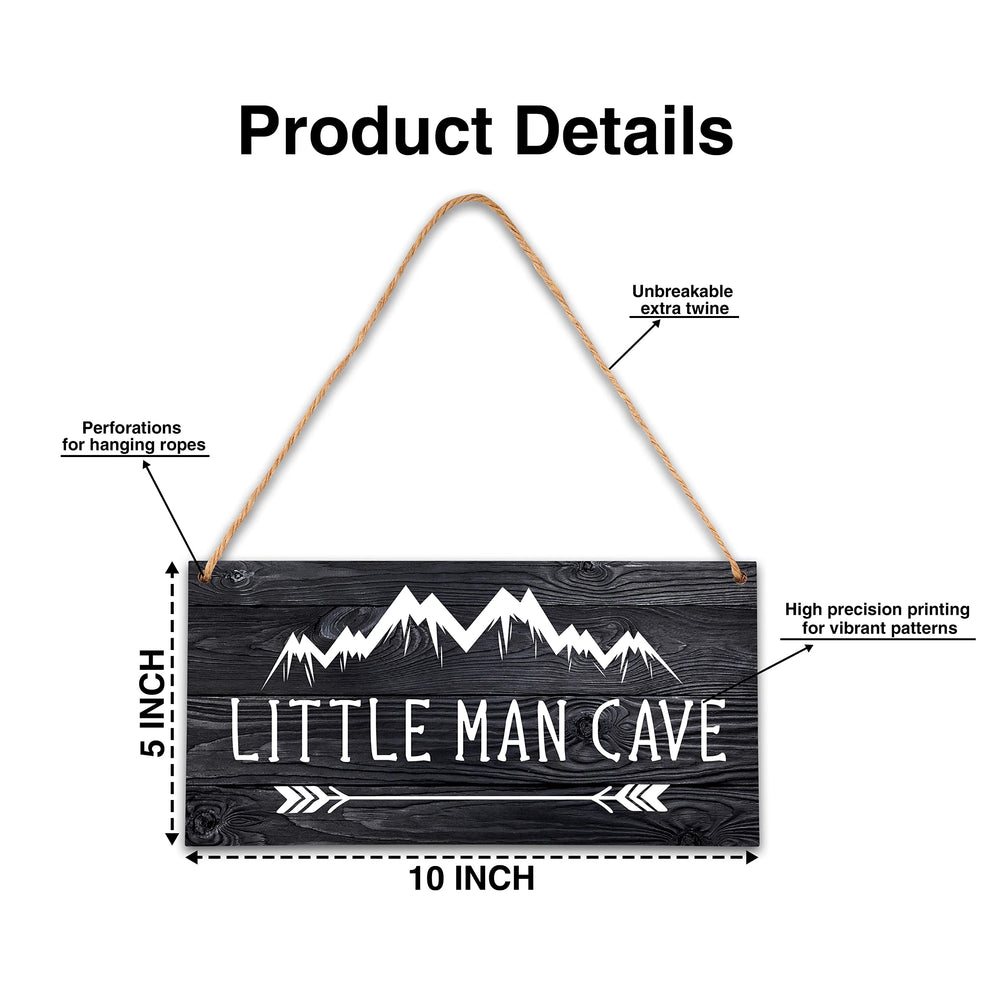 Qinkel Little Man Cave wall decor with bold black background and white lettering.