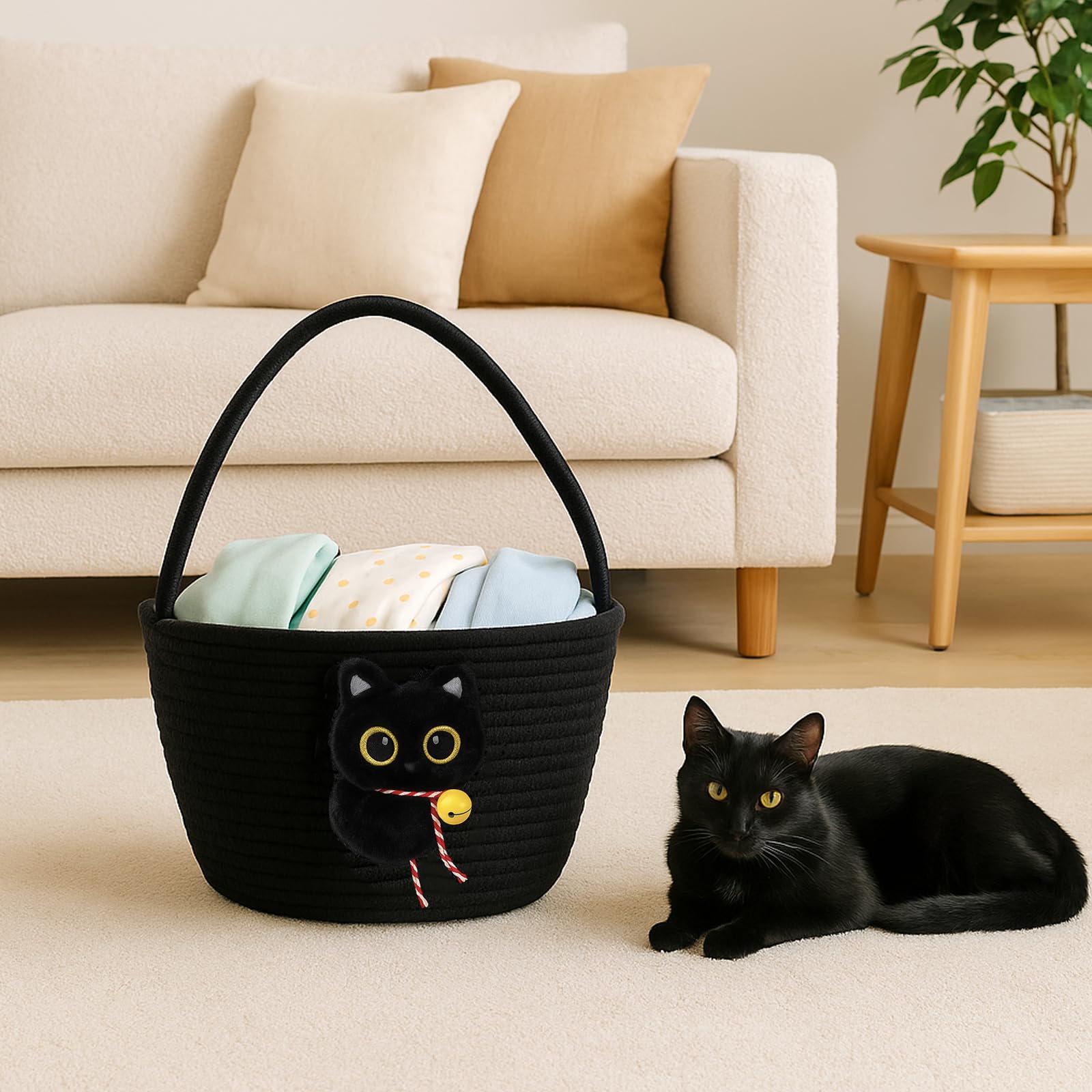 Qinthory black cat round storage basket bell-collar detail adds festive charm and texture.
