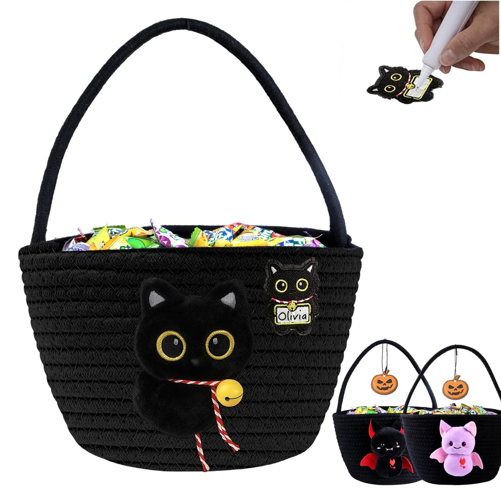Qinthory black cat round storage basket close-up shows plush detail for cozy toy storage.