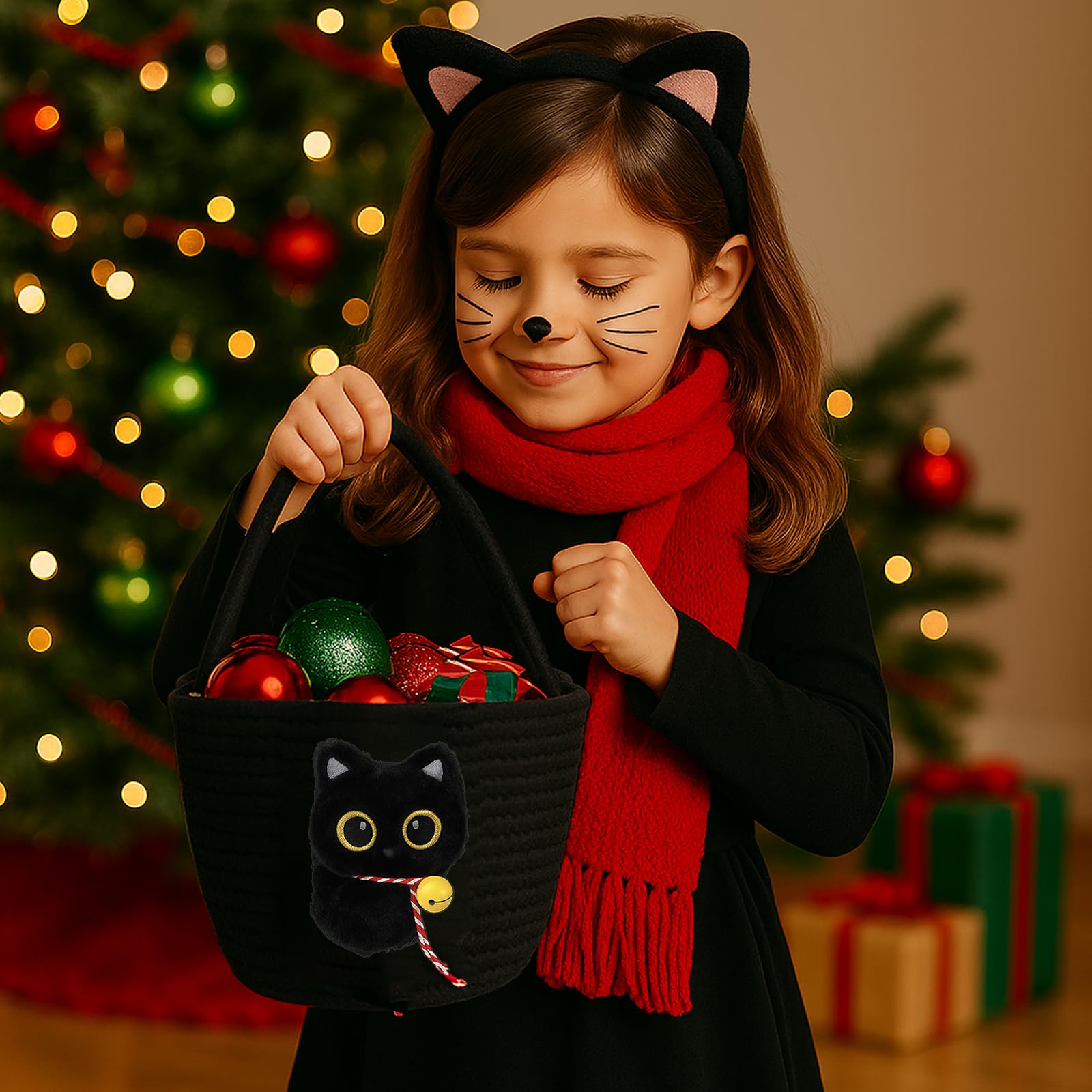 Qinthory black cat round storage basket folded for space-saving storage when not in use.