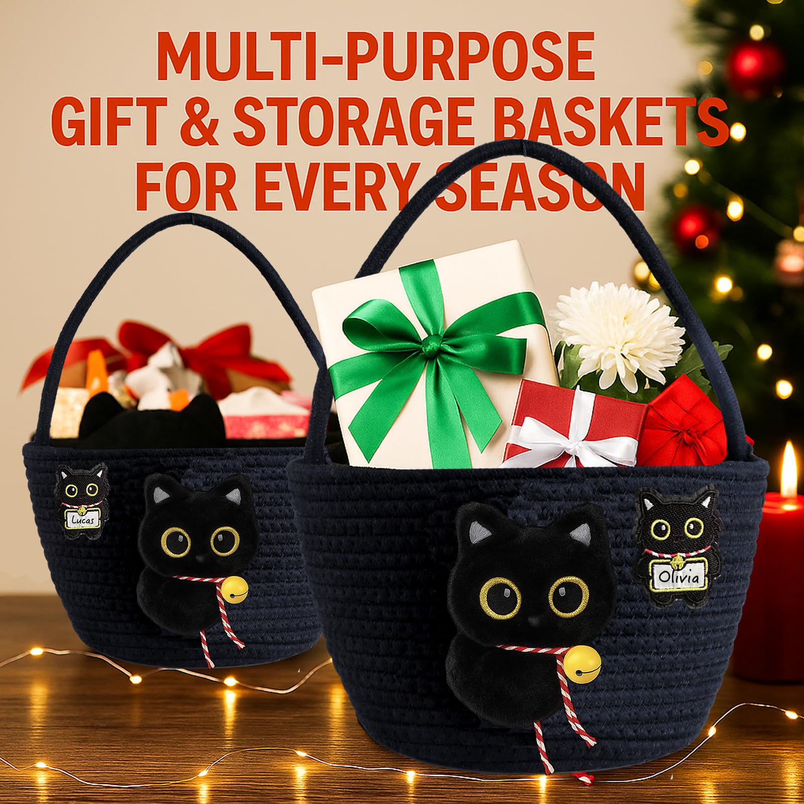 Qinthory black cat round storage basket gift idea for nursery and holidays.