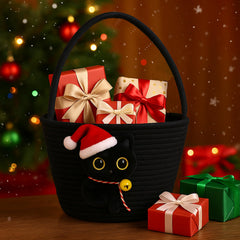 Qinthory black cat round storage basket handle view highlights easy carrying and organization.