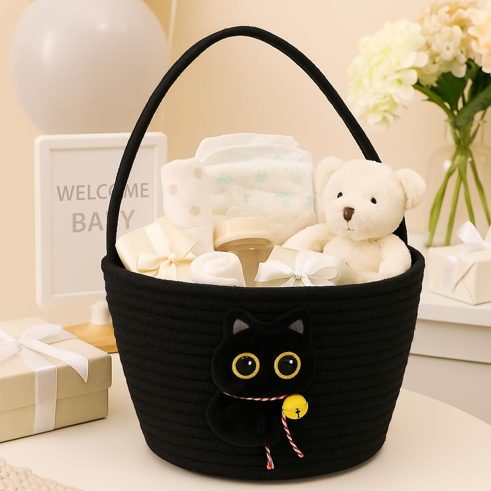 Qinthory black cat round storage basket in-use demonstrates toy organizer and kid-friendly storage.