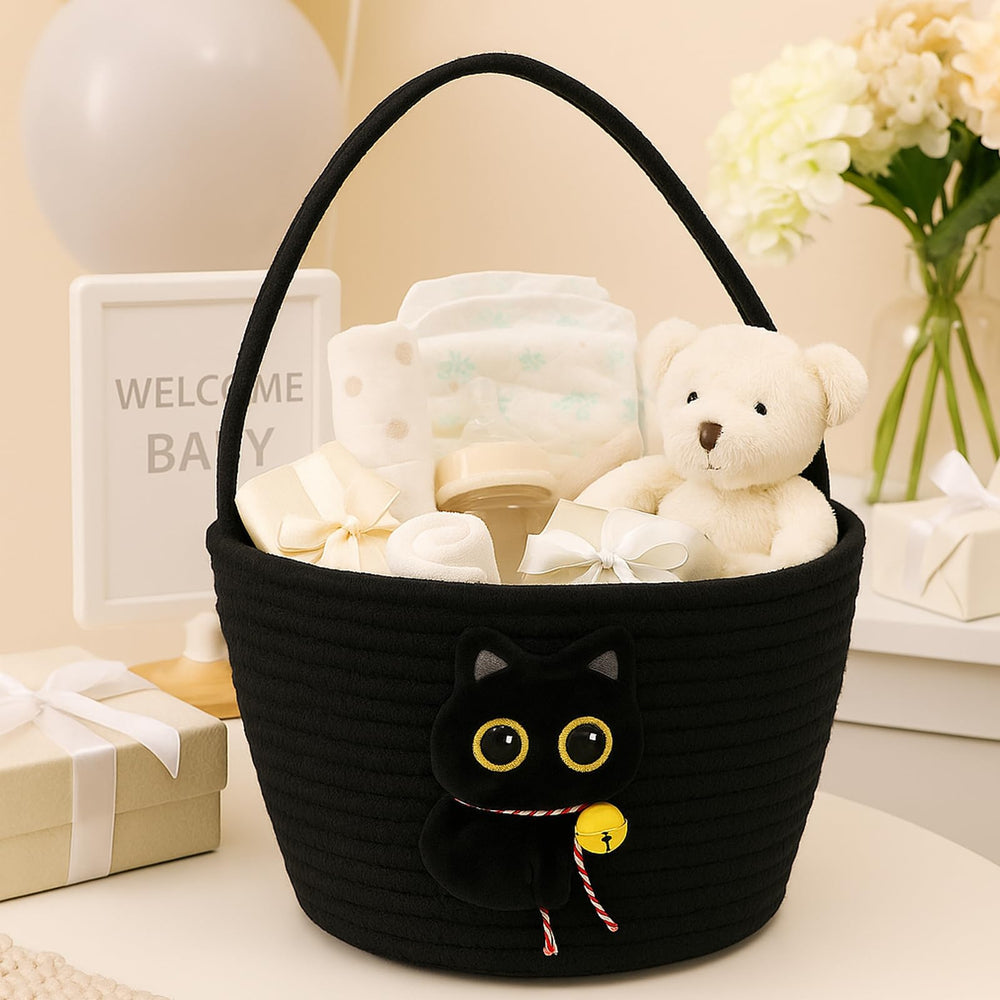 Qinthory black cat round storage basket in-use demonstrates toy organizer and kid-friendly storage.