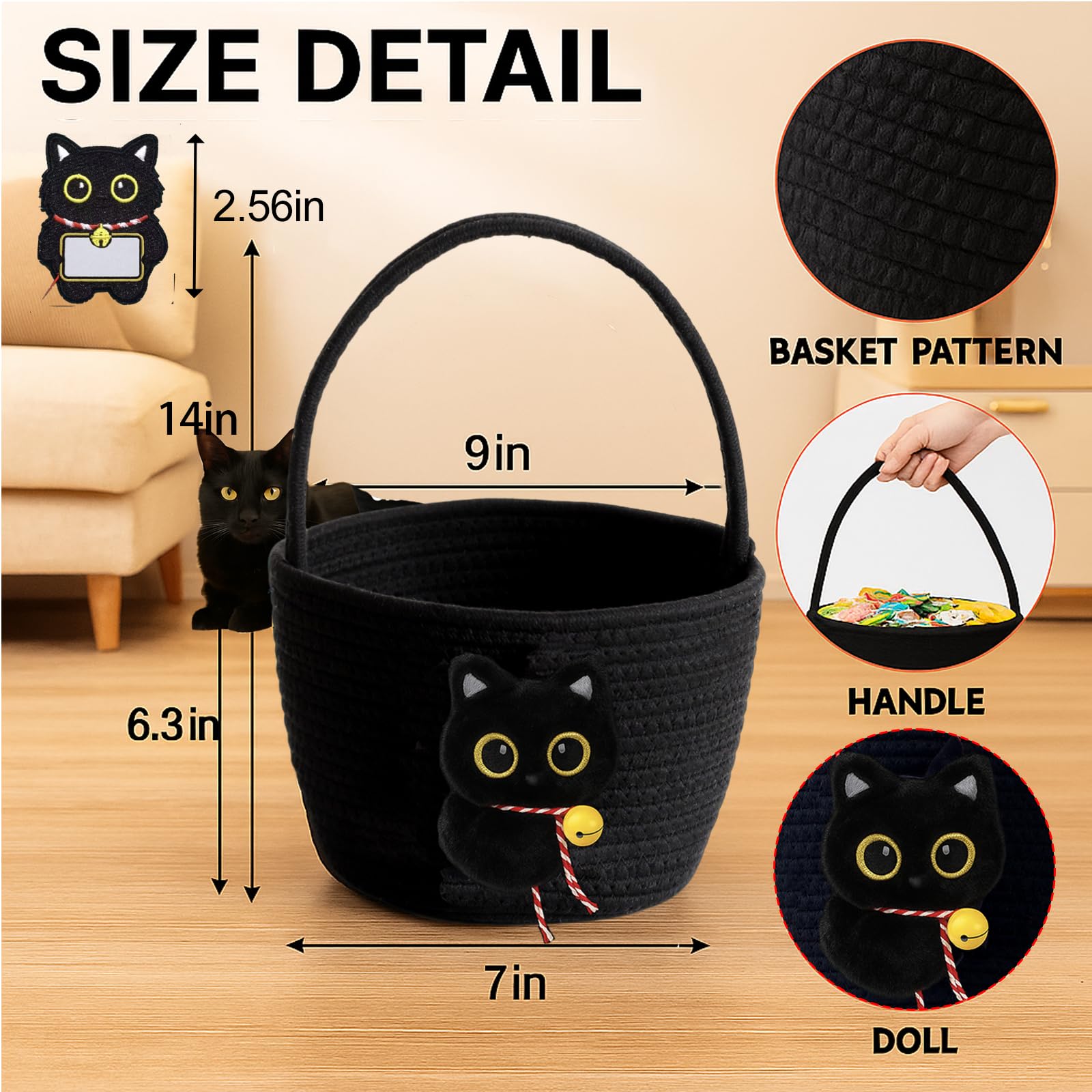 Qinthory black cat round storage basket side angle emphasizes sturdy structure for daily use.