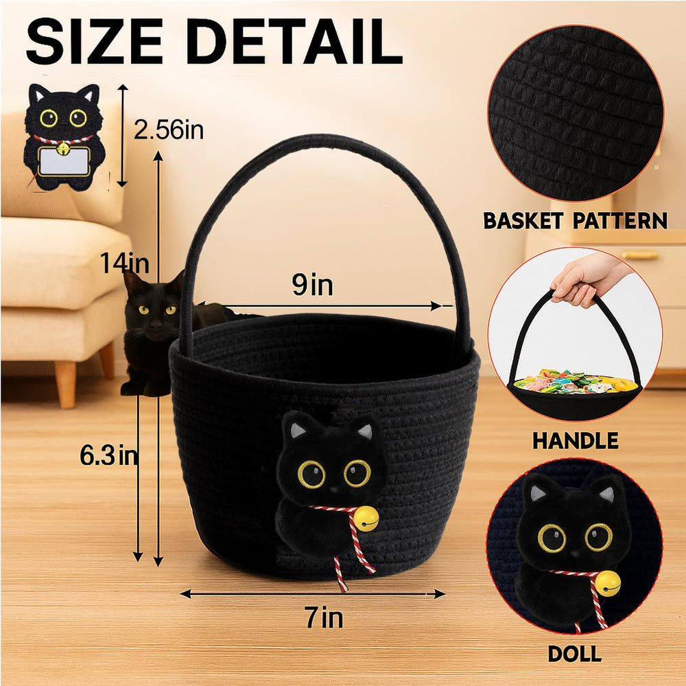 Qinthory black cat round storage basket side angle emphasizes sturdy structure for daily use.