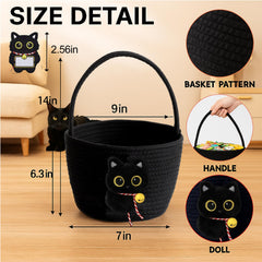 Qinthory black cat round storage basket side angle emphasizes sturdy structure for daily use.
