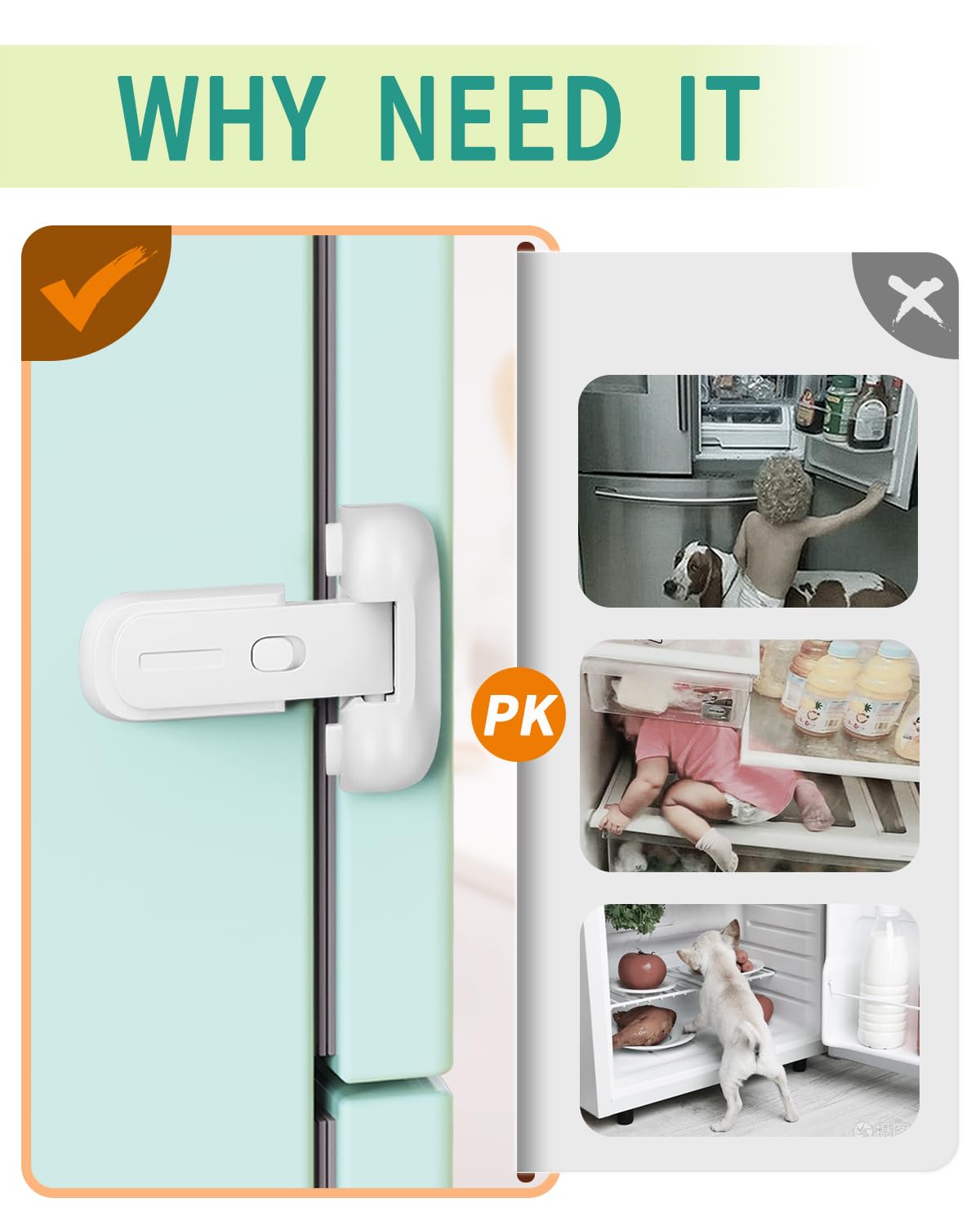 Qinzcp fridge latch installation with adhesive shows tool-free setup and strong adhesion.