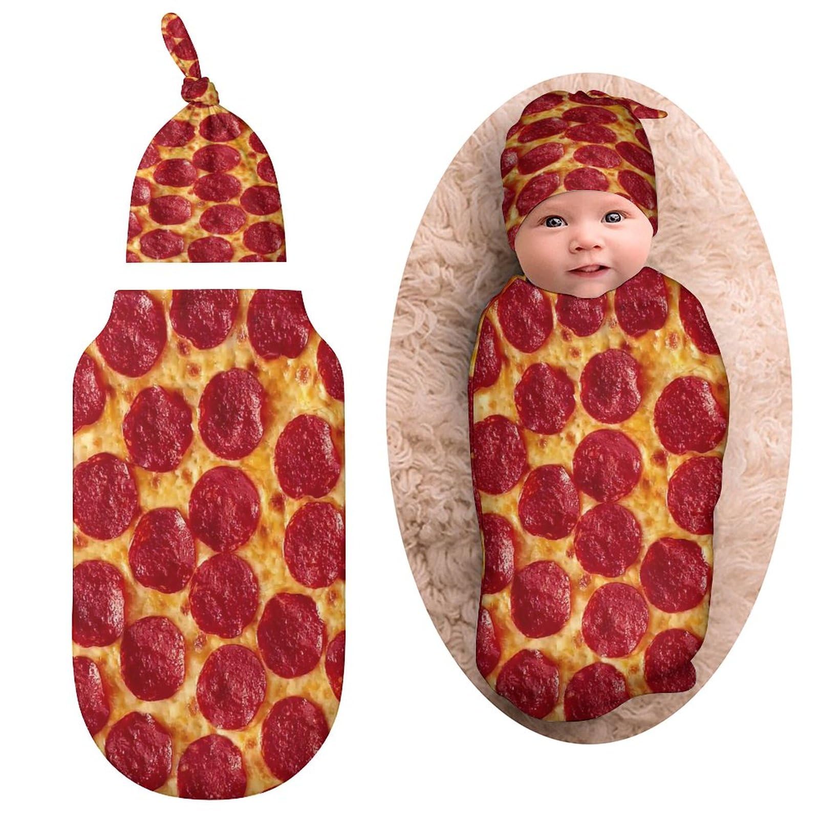 Qiohoey 3D pizza swaddle blanket with beanie hat calms babies during cozy photo shoots