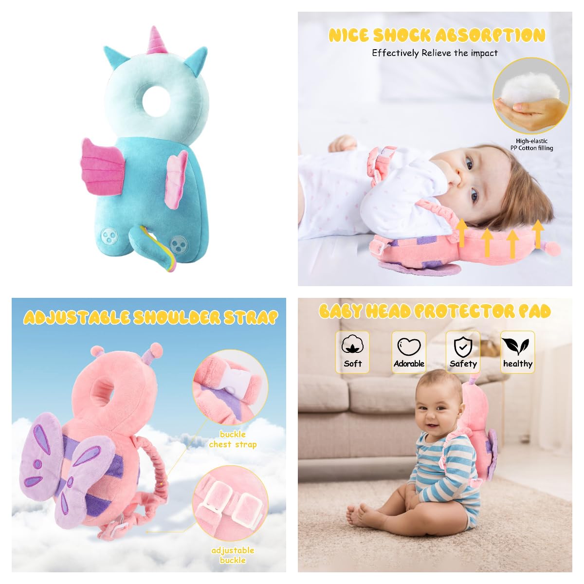 Qioo Baby Head Protection Backpack features a cute cartoon design for engaging play.