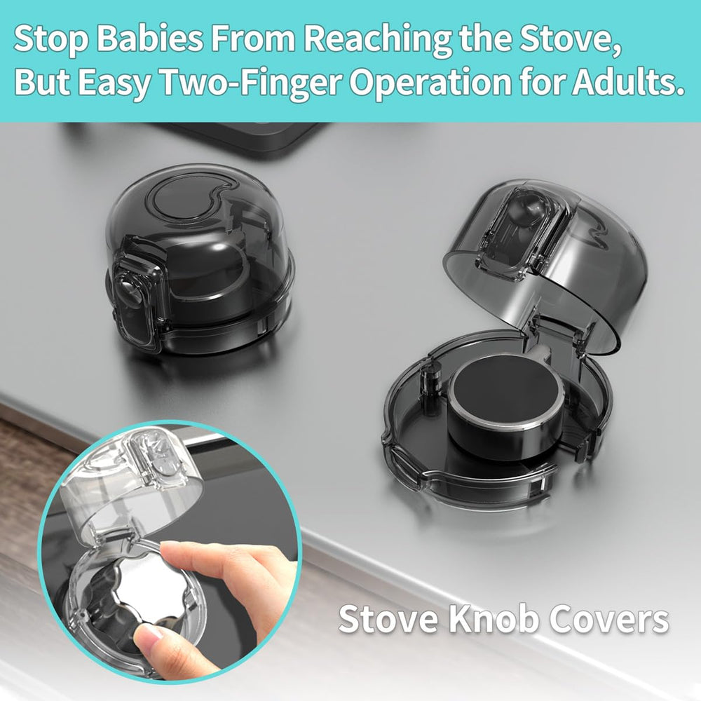 QioTceen knob covers installed on stove knobs for secure fit and safety.