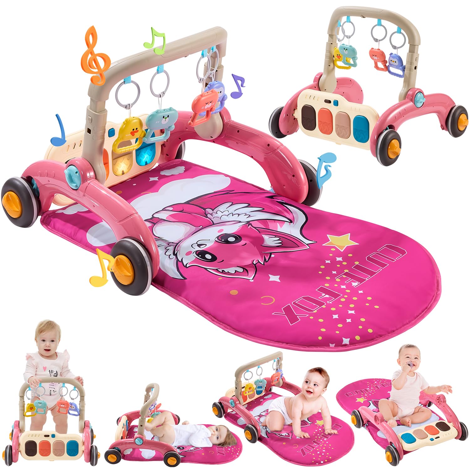 QLRR baby play gym fox upgraded image showing colorful mat for tummy time and exploration