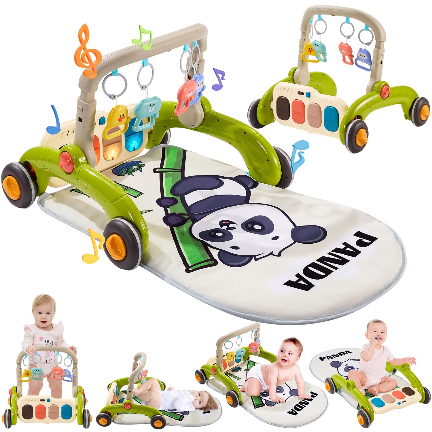 QLRR Baby Play Gym Walker Panda Upgraded image showcases multi-use mat for tummy time and early walking