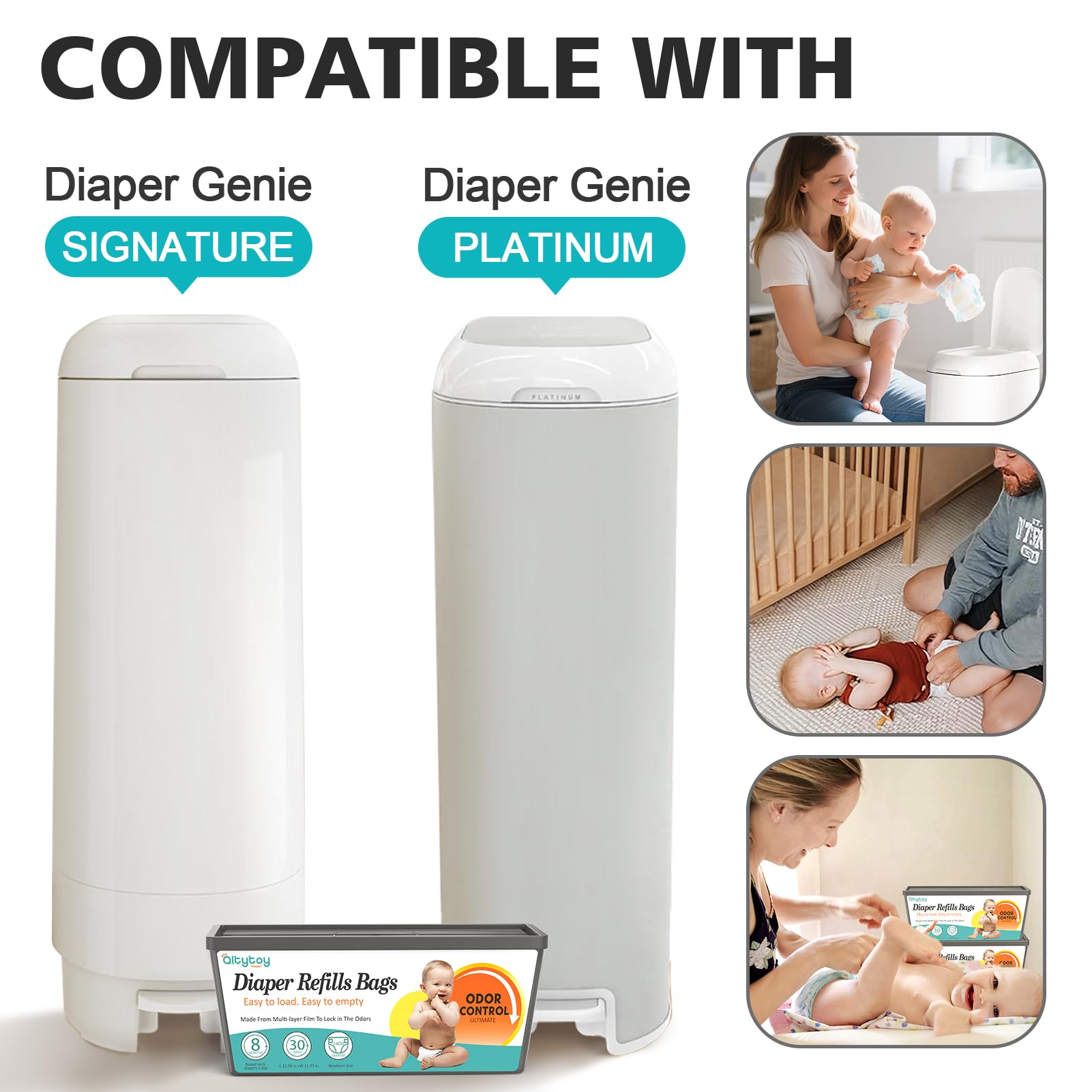Qltytoy easy-roll-compatible bags show the fit for Diaper Genie.