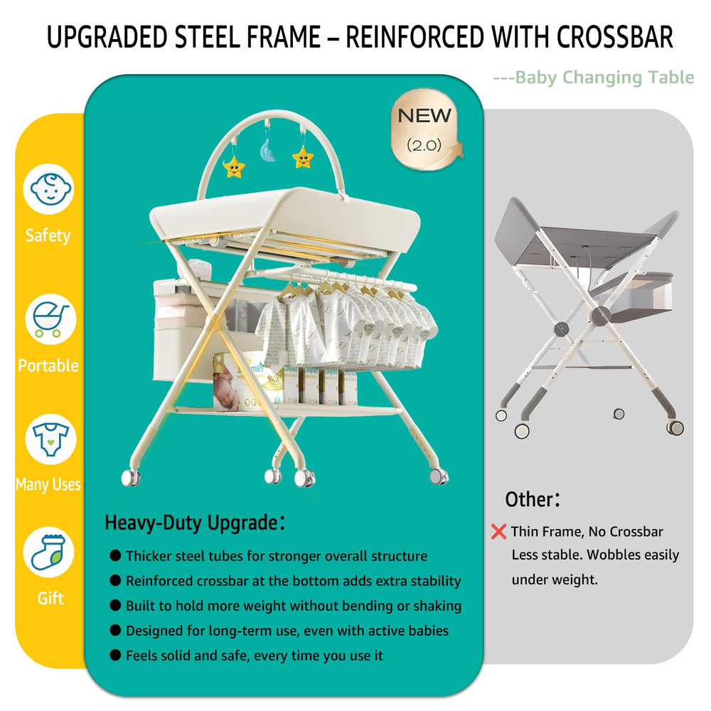 QMHHRJT foldable portable changing table beige height-5levels supports ergonomic positioning during diapering.