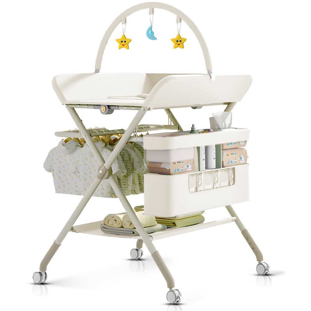 QMHHRJT foldable portable changing table beige with wheels enables safe, on-demand diaper changes.
