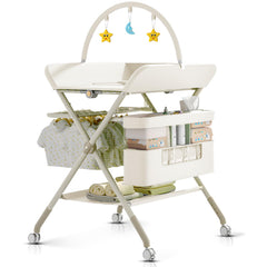 QMHHRJT foldable portable changing table beige with wheels enables safe, on-demand diaper changes.