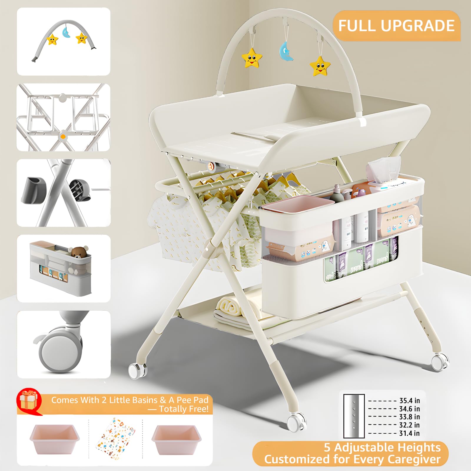 QMHHRJT foldable portable changing table beige shown with storage shelves offers organized diaper essentials.