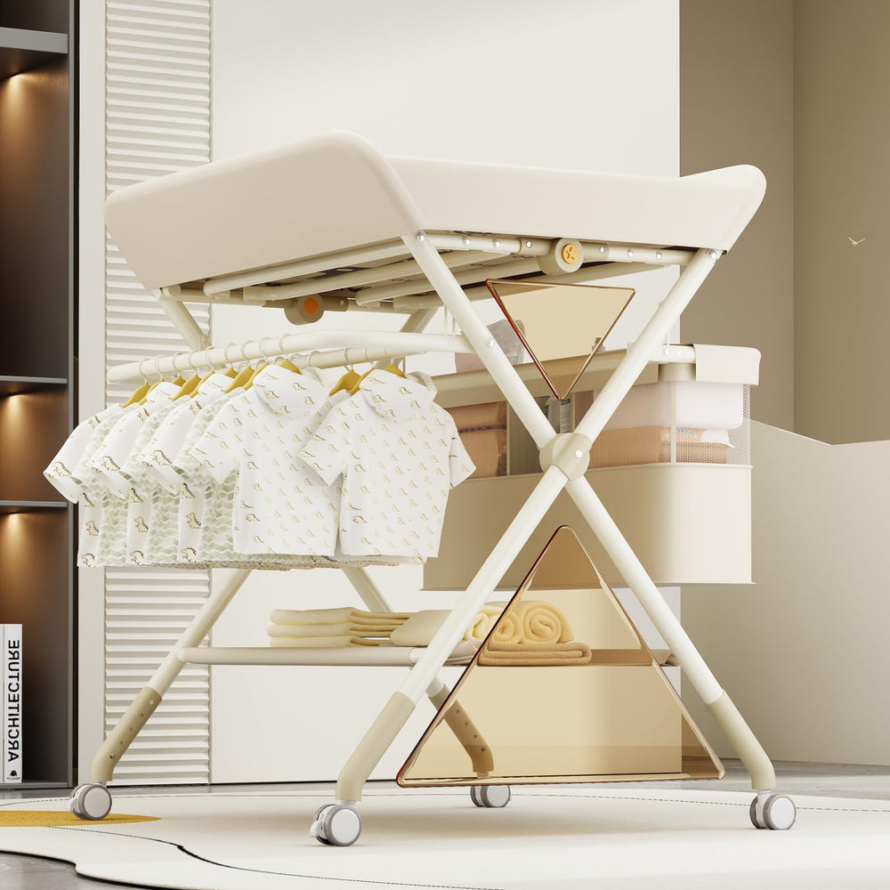 QMHHRJT foldable portable changing table beige assembly requires no tools for quick setup.