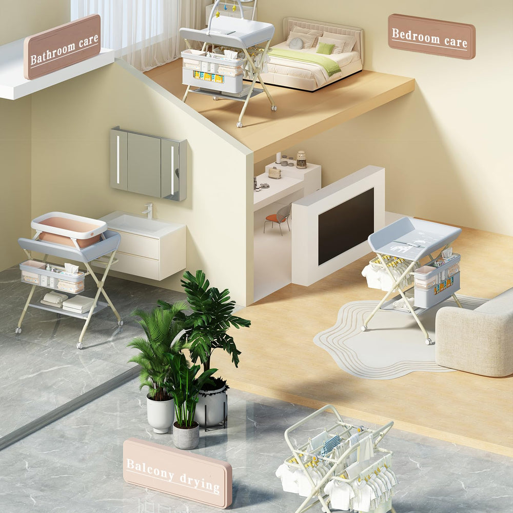 QMHHRJT foldable portable changing table beige storage organizer adds tidy nursery storage.