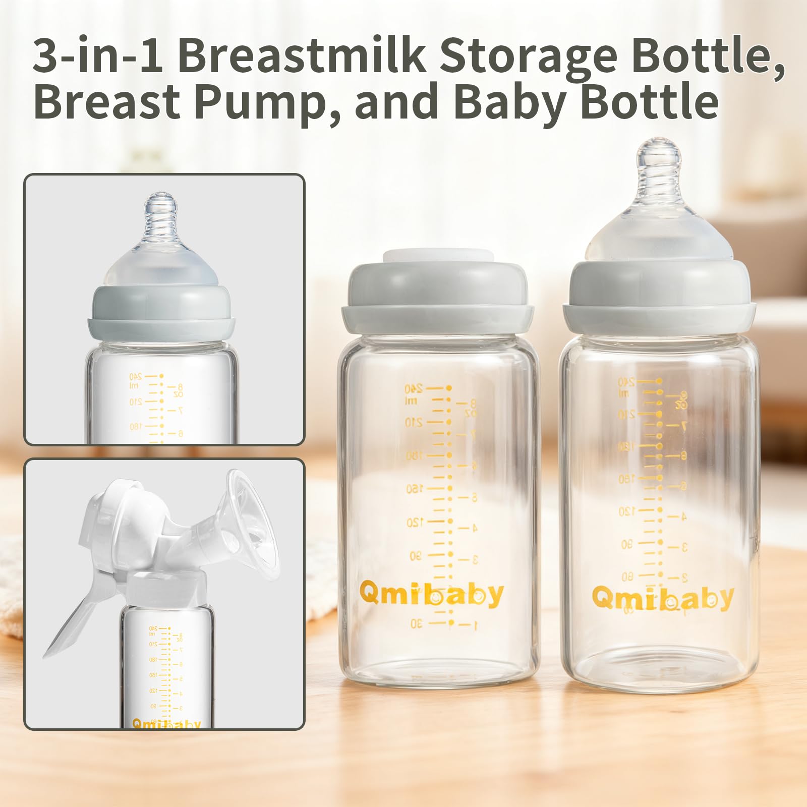 Qmibaby bottle with wide-neck fits major pumps for direct pumping into bottle.