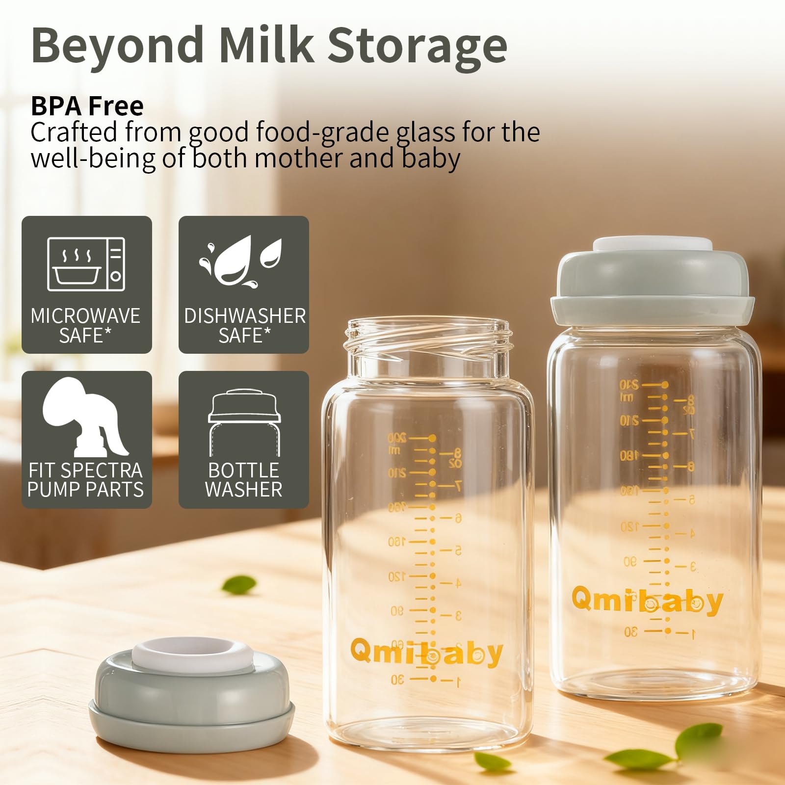 Qmibaby bottle features screw ring sealing disk to prevent leaks during storage.