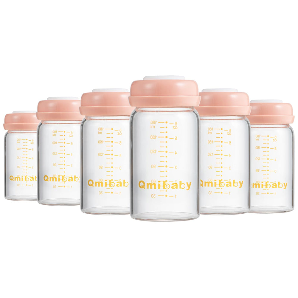 Qmibaby breast-milk-storage-180ml pink bottles with 6-pack for safe refrigeration