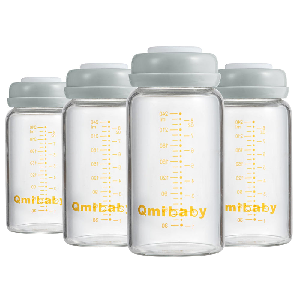 Qmibaby glass 240ml storage bottle with measurement marks for accurate portioning.